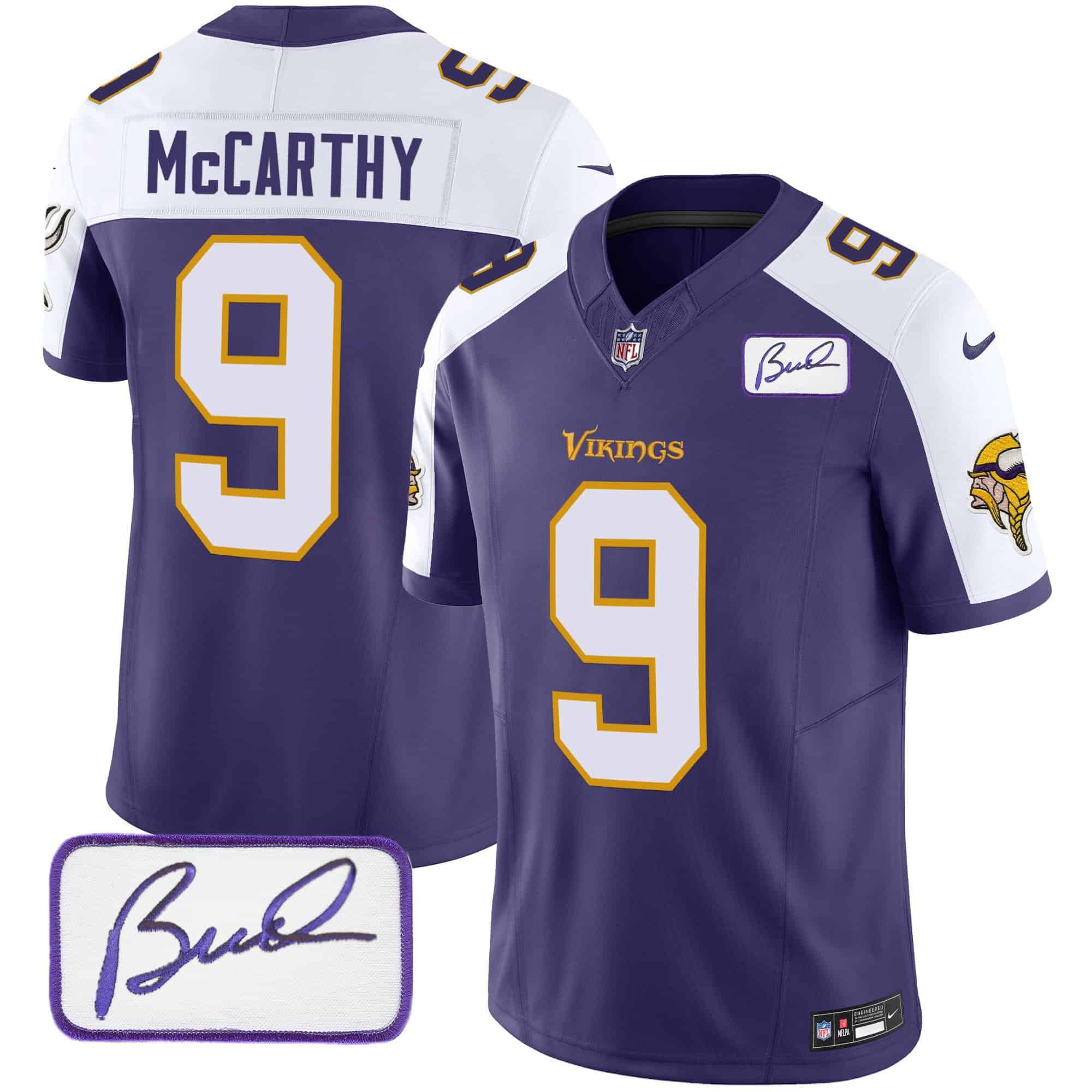 Men Minnesota Vikings #9 Mccarthy Purple 2024 Nike Bud Grant Patch Classic Limited NFL Jersey